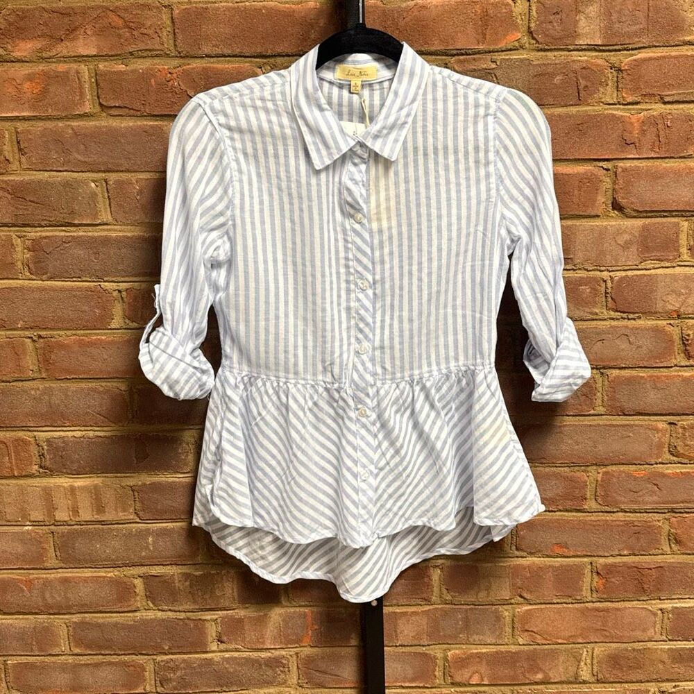 Love Notes Women’s Blue & White Stripe Long Sleeve Peplum Top Sz Small NEW